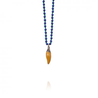 Women's Necklace Maria Kaprili Soo Hot Chili with X-Small Yellow Pepper Lapis Lazuli beads and Green Cord 1853