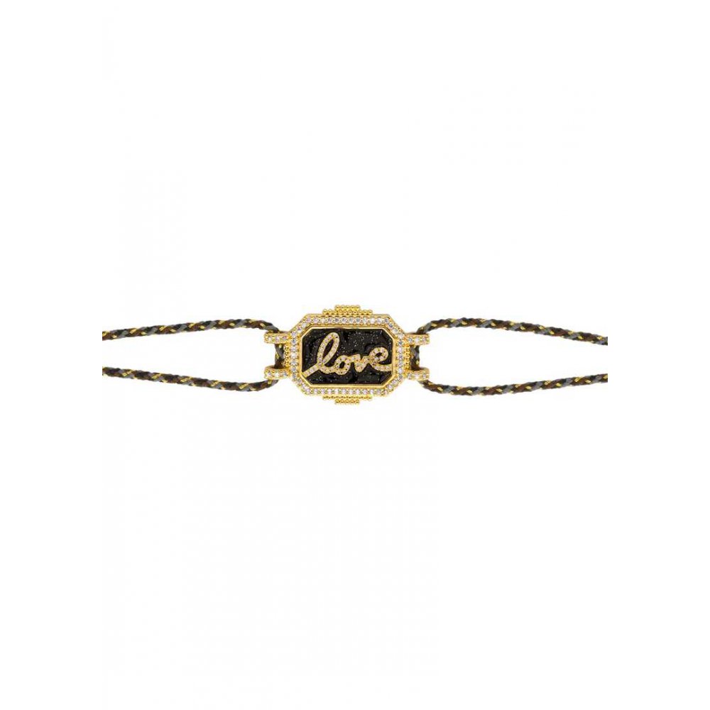 Woman's Bracelet Mya-Bay Black Love Boheme Gold Plated Brass Black Enamel Cord BR-378