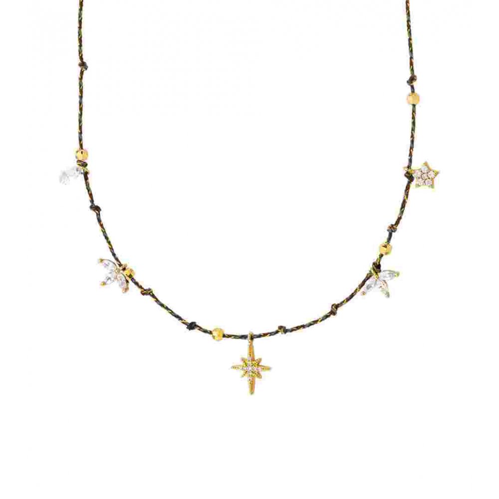 Γυναικείο Κολιέ Mya-Bay Diwali Liberty Επιχρυσωμένος Ορείχαλκος Ζιργκόν Μαύρο Κορδόνι CO-398