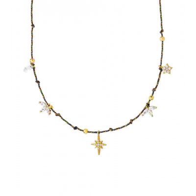 Γυναικείο Κολιέ Mya-Bay Diwali Liberty Επιχρυσωμένος Ορείχαλκος Ζιργκόν Μαύρο Κορδόνι CO-398