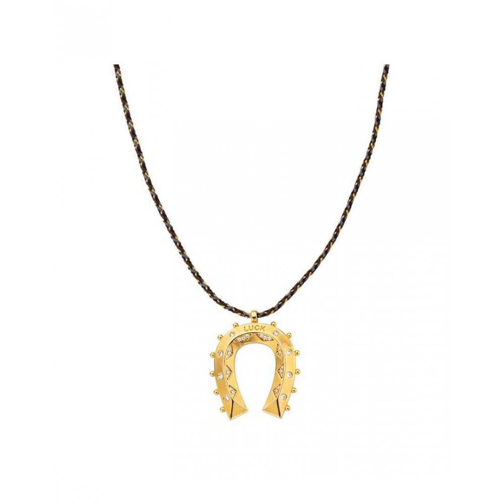 Γυναικείο Κολιέ Mya-Bay Gold Horseshoe Επιχρυσωμένος Ορείχαλκος Ζιργκόν Μαύρο Κορδόνι CO-379