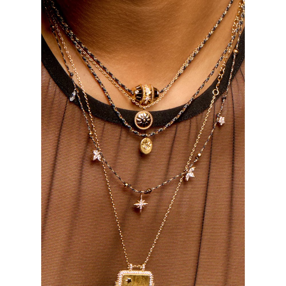 Γυναικείο Κολιέ Mya-Bay Diwali Liberty Επιχρυσωμένος Ορείχαλκος Ζιργκόν Μαύρο Κορδόνι CO-398