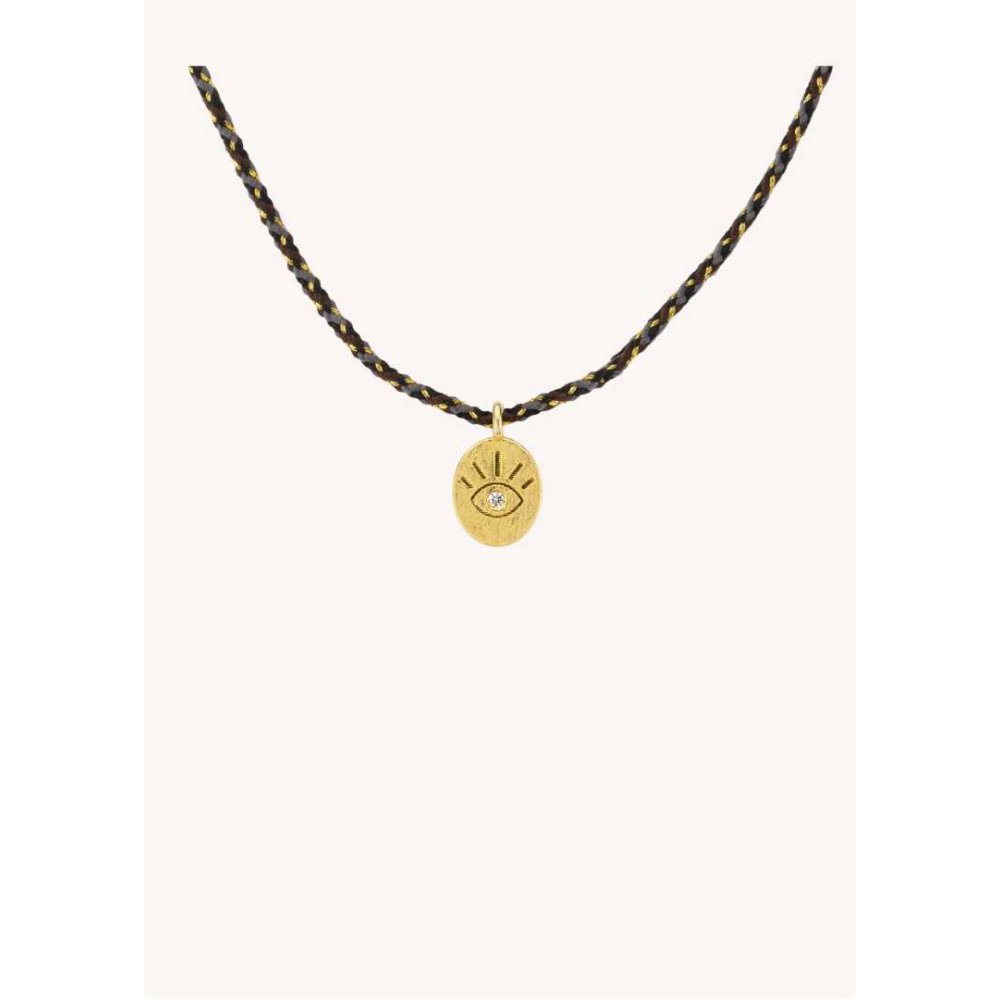 Γυναικείο Κολιέ Mya-Bay Eye Lover 24Κ Επιχρυσωμένος Ορείχαλκος Ζιργκόν Μαύρο Κορδόνι CO-406