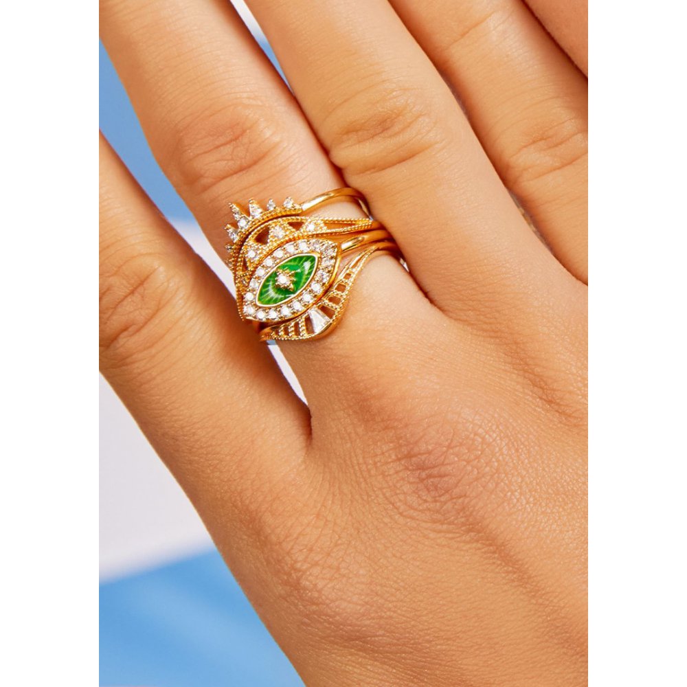 Woman's Ring Mya-Bay Green Eye Essential 24K Gold Plated Brass Zirconia BA-316