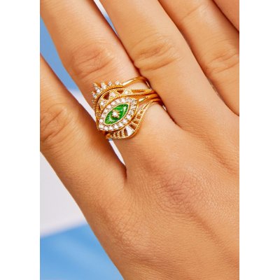 Woman's Ring Mya-Bay Green Eye Essential 24K Gold Plated Brass Zirconia BA-316
