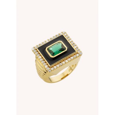 Woman's Ring Mya-Bay Green Stone Tanya 24K Gold Plated Brass Black Enamel Zirconia BA-322