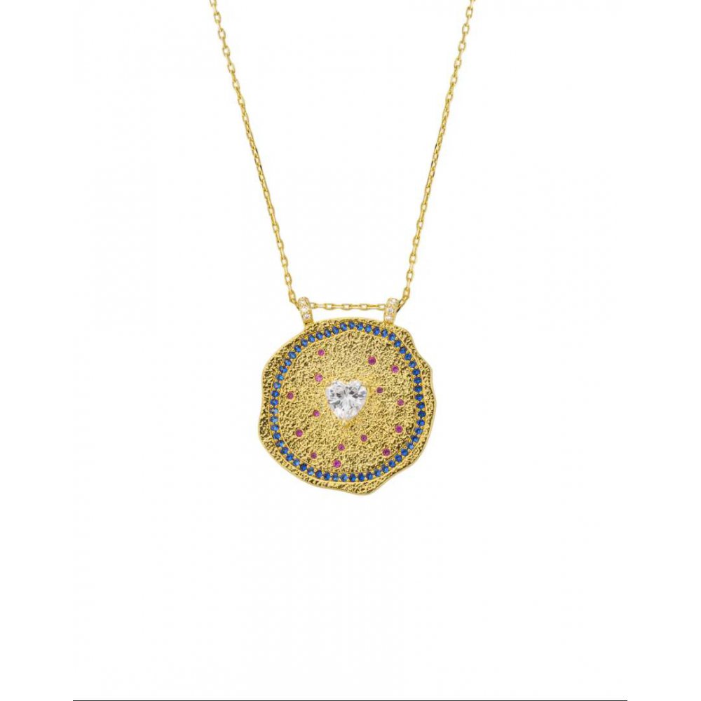 Γυναικείο Κολιέ Mya-Bay White Heart Medaille 24K Επιχρυσωμένος Ορείχαλκος Ζιργκόν CO-298