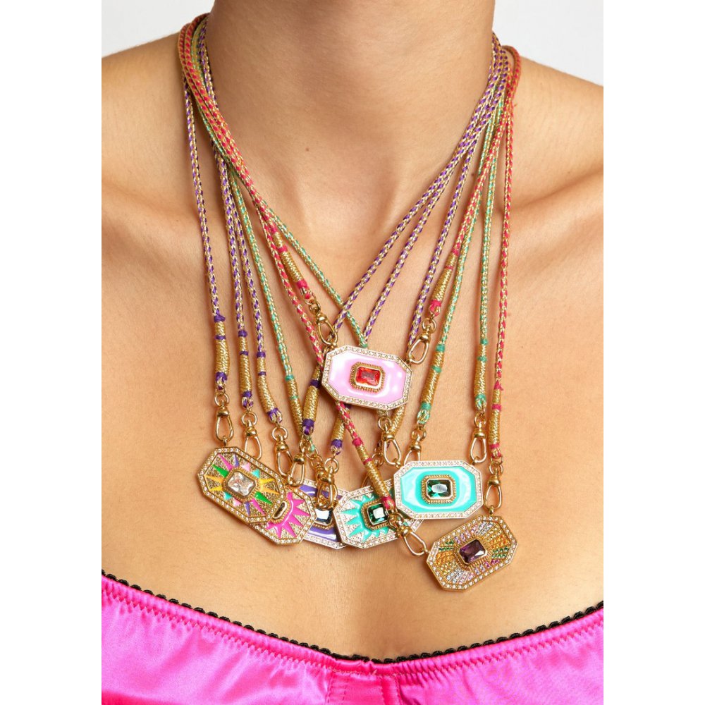 Woman's Necklace Mya-Bay Blue Rainbow Yucatan Gold Plated Brass Zirconia Purple Cord CO-339