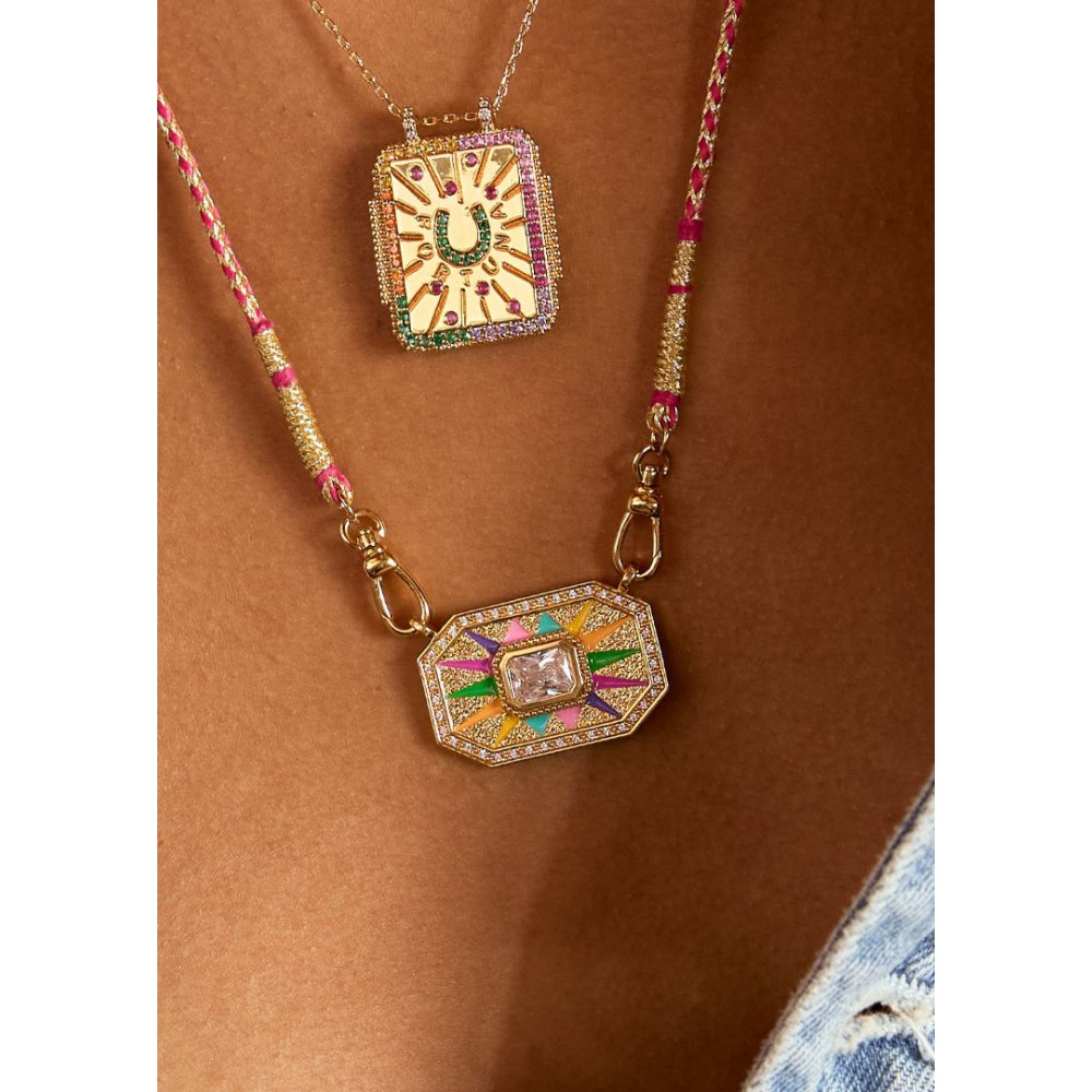 Woman's Necklace Mya-Bay Light Rainbow Yucatan Gold Plated Brass Zirconia Red Cord CO-340