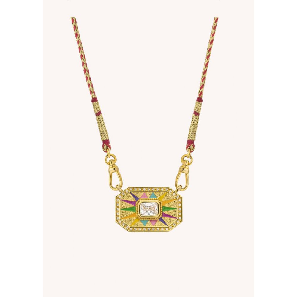 Woman's Necklace Mya-Bay Light Rainbow Yucatan Gold Plated Brass Zirconia Red Cord CO-340