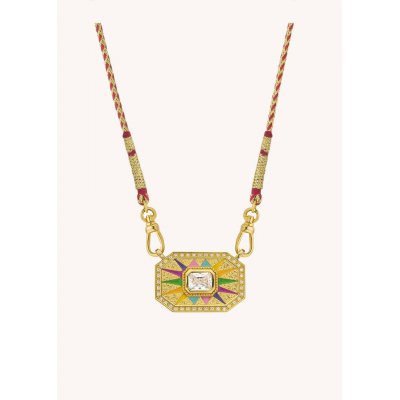 Woman's Necklace Mya-Bay Light Rainbow Yucatan Gold Plated Brass Zirconia Red Cord CO-340