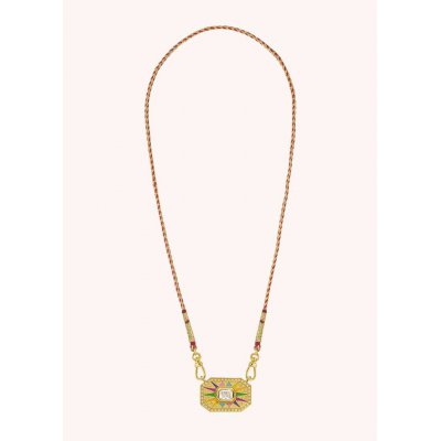 Woman's Necklace Mya-Bay Light Rainbow Yucatan Gold Plated Brass Zirconia Red Cord CO-340