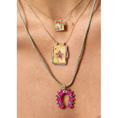 Woman's Necklace Mya-Bay Fuchsia Horseshoe Gold Plated Brass Zirconia Enamel CO-378 Woman's Necklace Mya-Bay Fuchsia Horseshoe Gold Plated Brass Zirconia Enamel CO-378