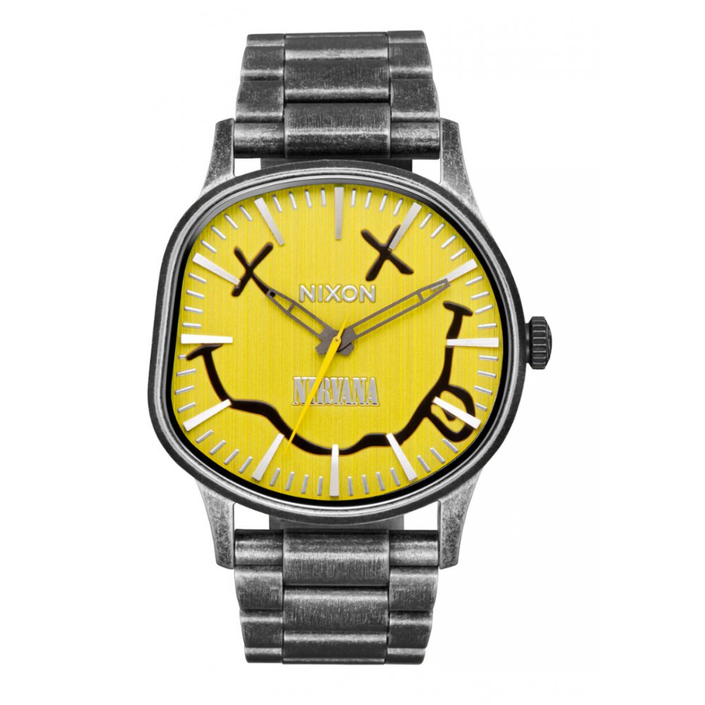 Unisex Ρολόι ΝΙΧΟΝ Nirvana Sentry Wobble 42mm Ανοξείδωτο Ατσάλι Μπρασελέ Ασημί/Yellow Nirvana Smiley A1417-5273-00