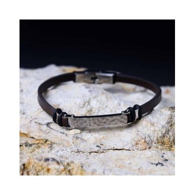 Men's Bracelet Sector Bandy Hammered Stainless Steel Leather Silver Brown SZV113