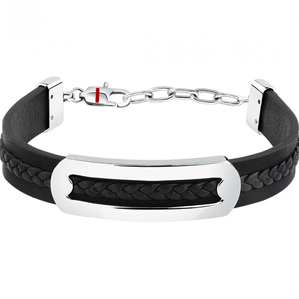 Men's Bracelet Sector Bandy Collection Stainless Steel Leather Silver Black SZV138