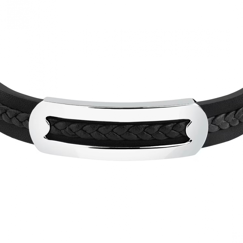 Men's Bracelet Sector Bandy Collection Stainless Steel Leather Silver Black SZV138