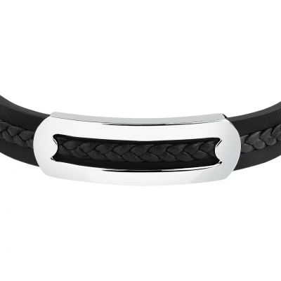 Men's Bracelet Sector Bandy Collection Stainless Steel Leather Silver Black SZV138