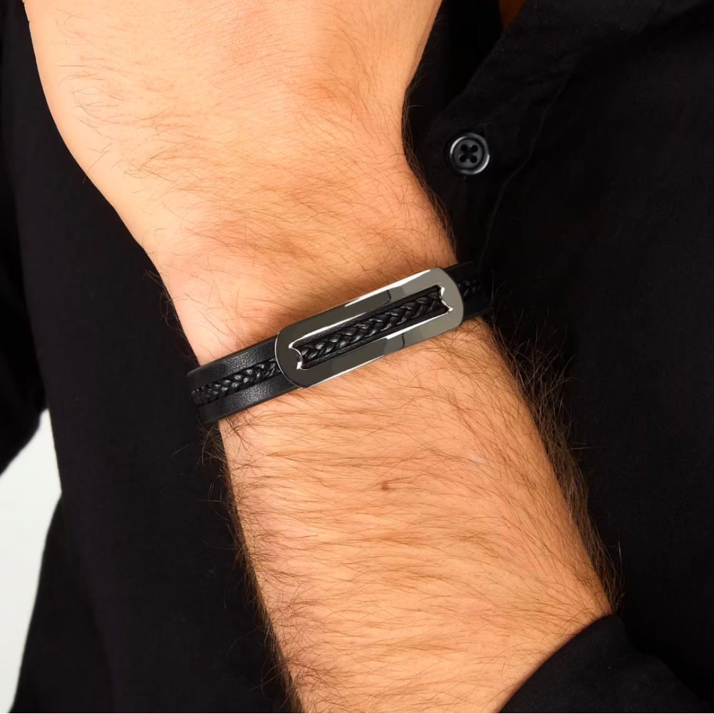 Men's Bracelet Sector Bandy Collection Stainless Steel Leather Silver Black SZV138