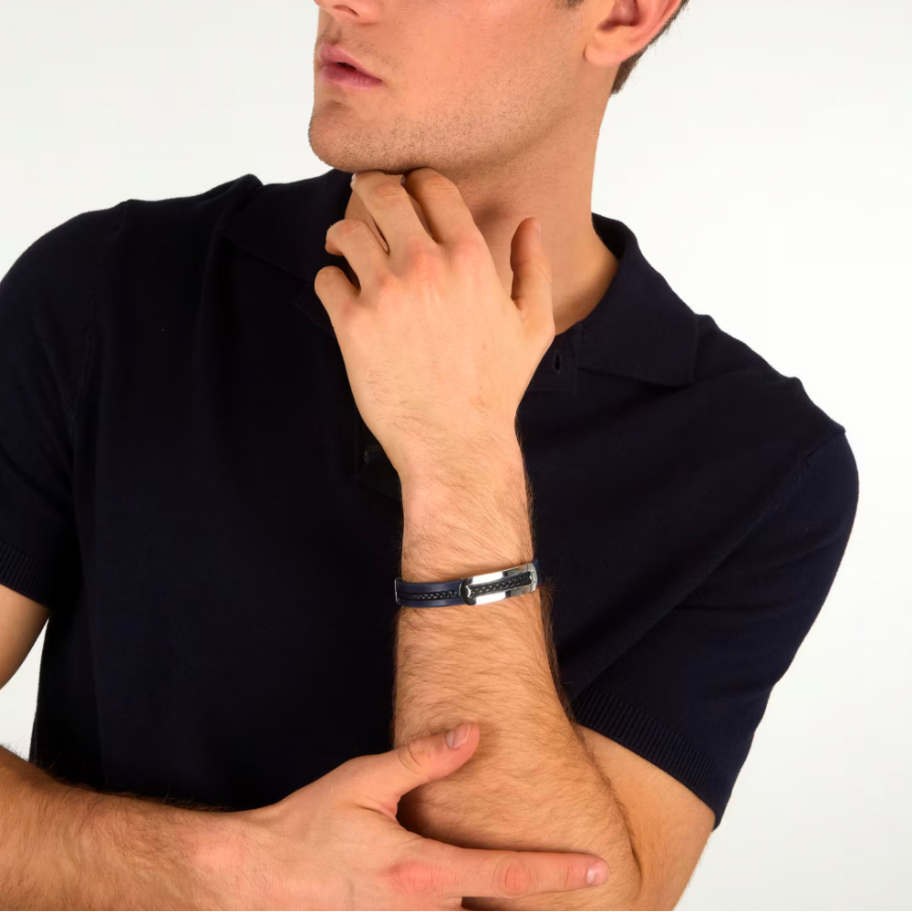 Men's Bracelet Sector Bandy Collection Stainless Steel Leather Silver Black Blue SZV139