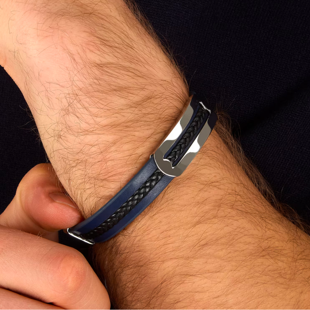 Men's Bracelet Sector Bandy Collection Stainless Steel Leather Silver Black Blue SZV139