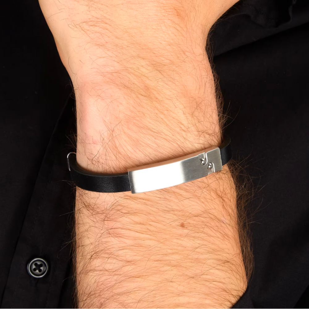 Men's Bracelet Sector Bandy Collection Stainless Steel Leather Silver Black SZV141