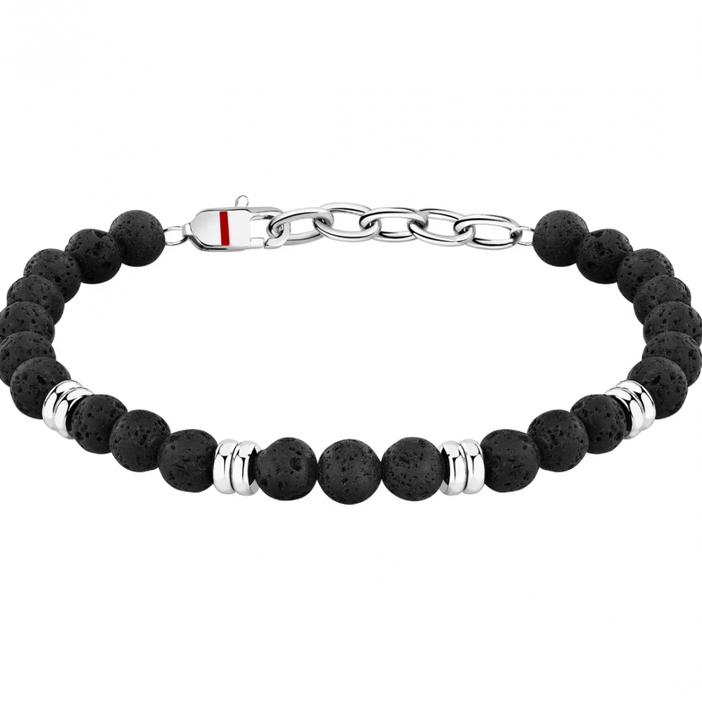 Men's Bracelet Sector Basic Stainless Steel Silver Black Lava Stone SZS112