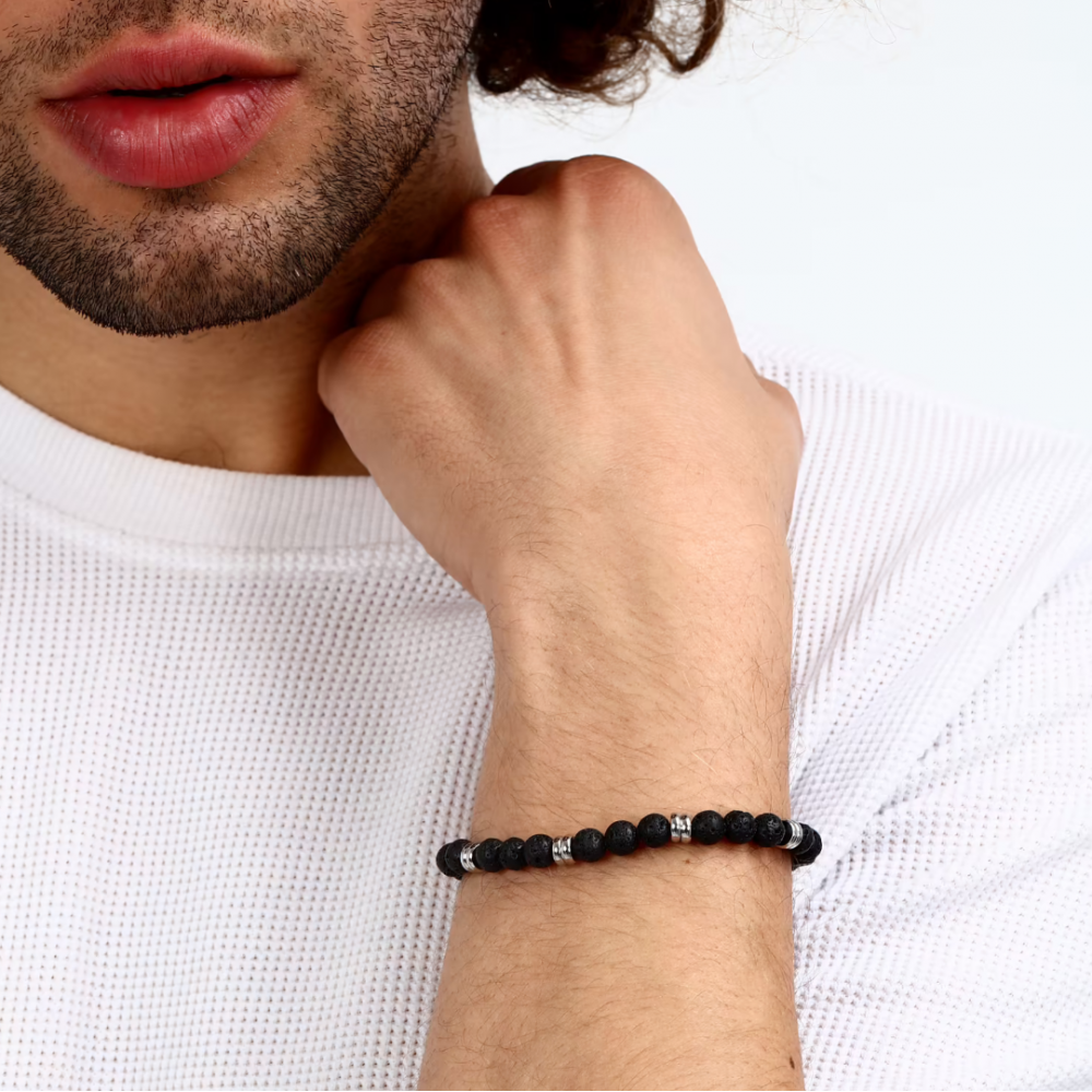 Men's Bracelet Sector Basic Stainless Steel Silver Black Lava Stone SZS112