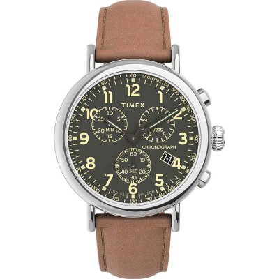 Ανδρικό Ρολόι Timex Waterbury Chronograph 41mm Ανοξείδωτο Ατσάλι Δερμάτινο Λουράκι Καφέ/Πράσινο TW2V27500