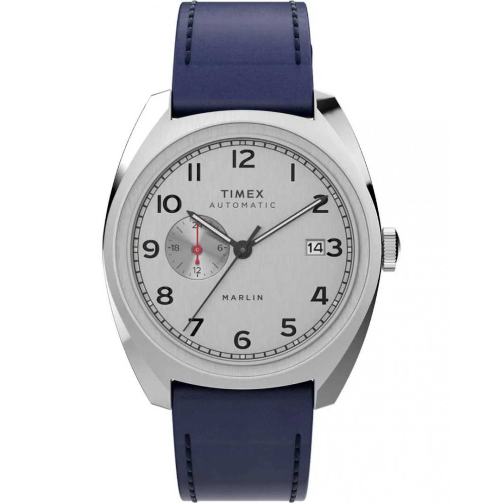 Ανδρικό Ρολόι Timex Marlin Automatic 39mm Δερμάτινο Λουράκι Μπλε /Ασημί TW2V61900