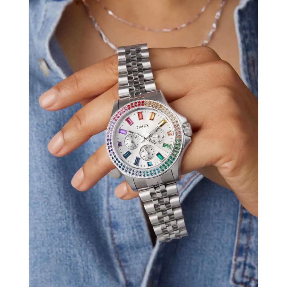 Γυναικείο Ρολόι Timex Kaia 40mm Ανοξείδωτο Ατσάλι Μπρασελέ Ασημί Πολύχρωμα Ζιργκόν TW2W33000