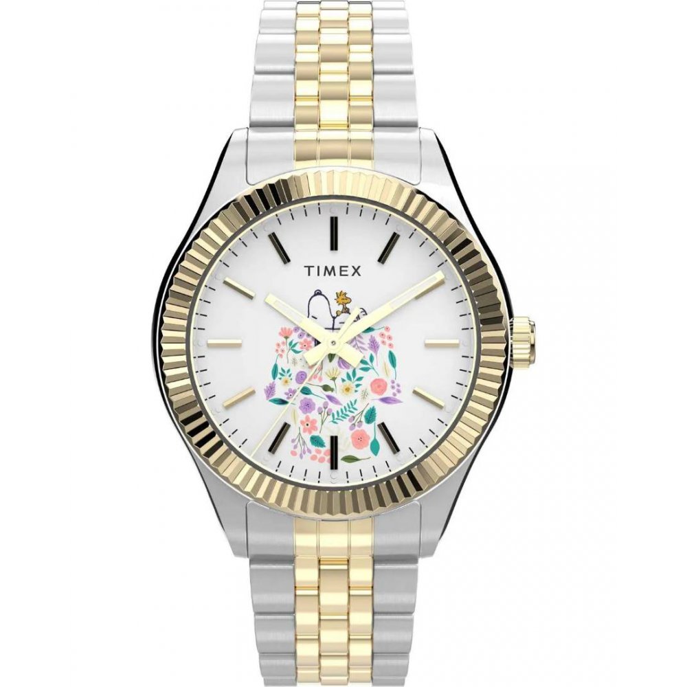 Γυναικείο Ρολόι Timex Legacy X Peanuts 34mm Επιχρυσωμένο Ανοξείδωτο Ατσάλι Μπρασελέ Χρυσό/Ασημί TW2W95100