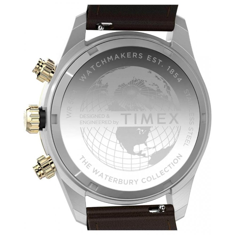 Ανδρικό Ρολόι Timex Waterbury Heritage Chronograph 39mm Ανοξείδωτο Ατσάλι Δερμάτινο Λουράκι Καφέ TW2Y24100
