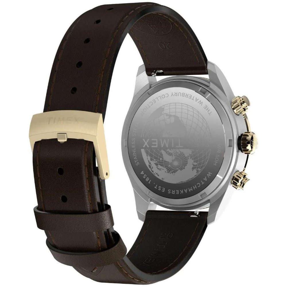 Ανδρικό Ρολόι Timex Waterbury Heritage Chronograph 39mm Ανοξείδωτο Ατσάλι Δερμάτινο Λουράκι Καφέ TW2Y24100