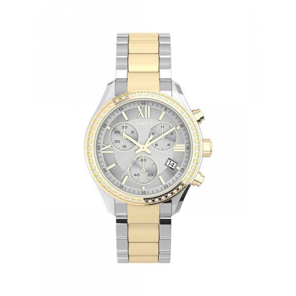 Woman's Watch Timex Dress Crystal Chronograph 38mm Stainless Steel Bracelet Zirconia Gold/Silver TW2V57700