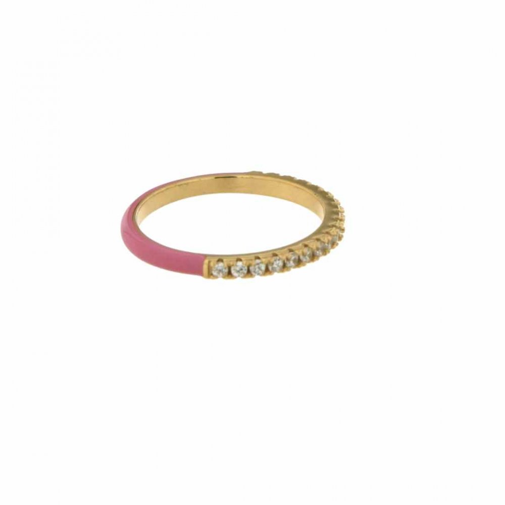 Woman's Ring Verita Gold Plated Sterling Silver Pink Enamel White Zirconia 10126996