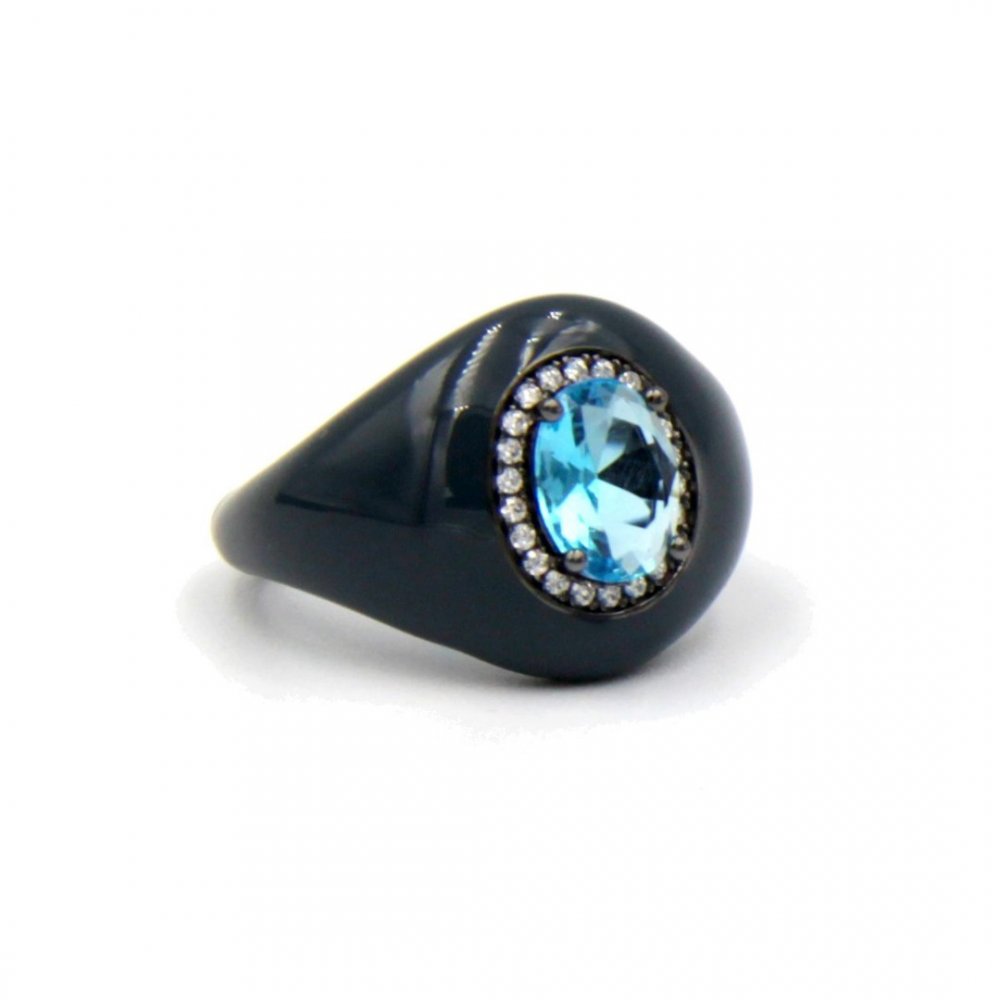 Woman's Ring Verita 925 Sterling Silver Dark Grey Enamel White Zirconia Topaz 10129470