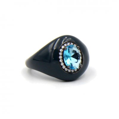 Woman's Ring Verita 925 Sterling Silver Dark Grey Enamel White Zirconia Topaz 10129470